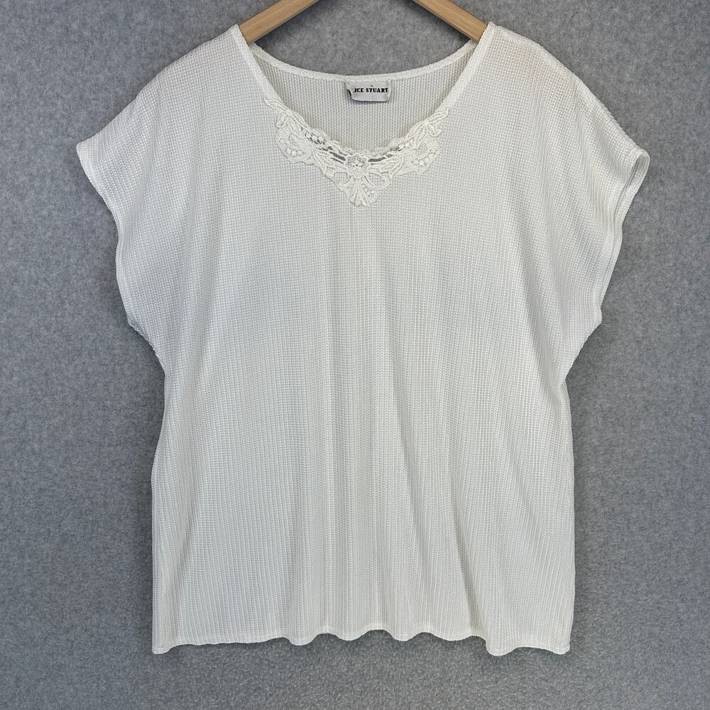 Alice Stuart Top Womens Size L White Texture Lace Neckline Short Sleeve Pullover